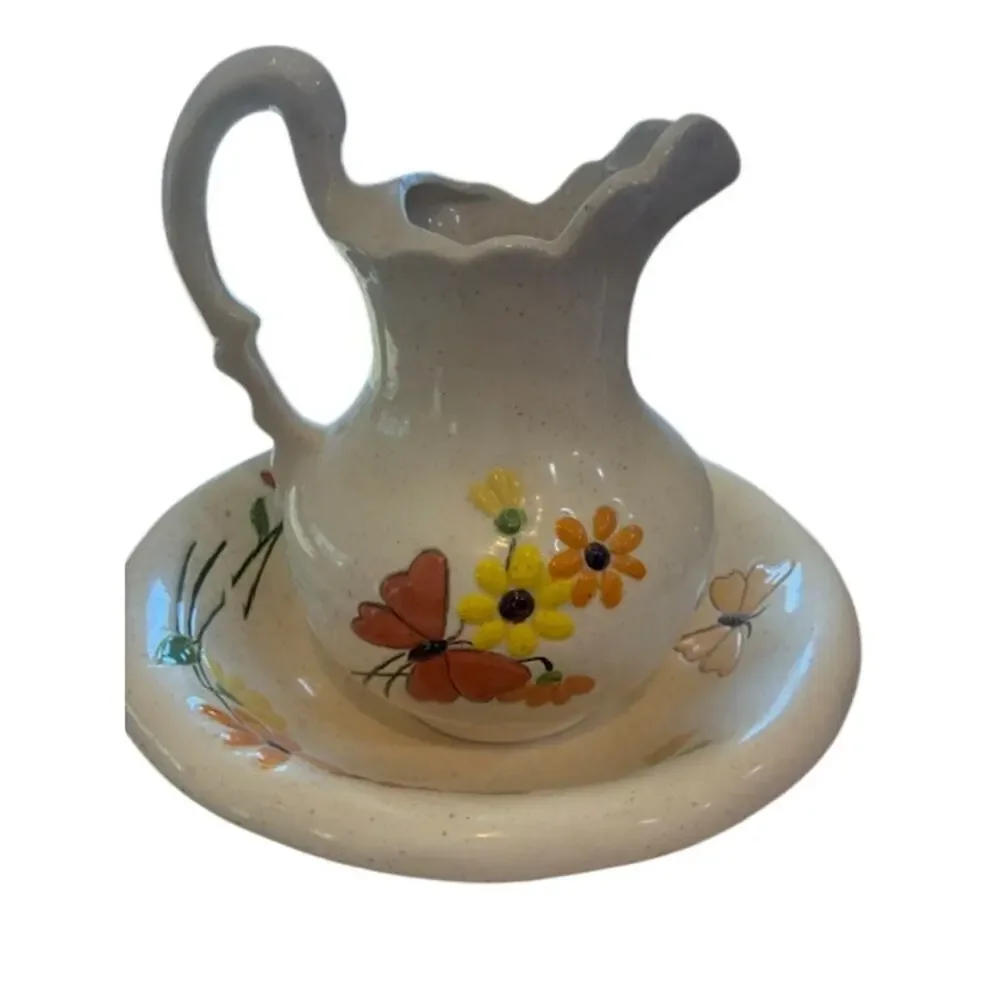 Vintage Beautiful Ceramic Pitcher & Basin Set Handpainted w/Flowers and Buttefly